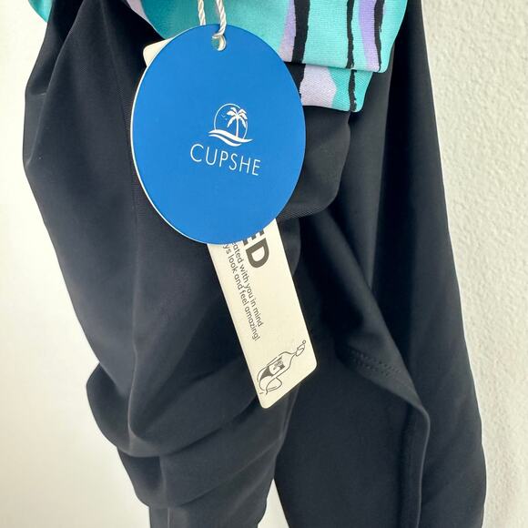 NWT Cupshe Womens Crossback Ruched One Piece Black/Teal Bathing Swimsuit Small - Picture 8 of 11